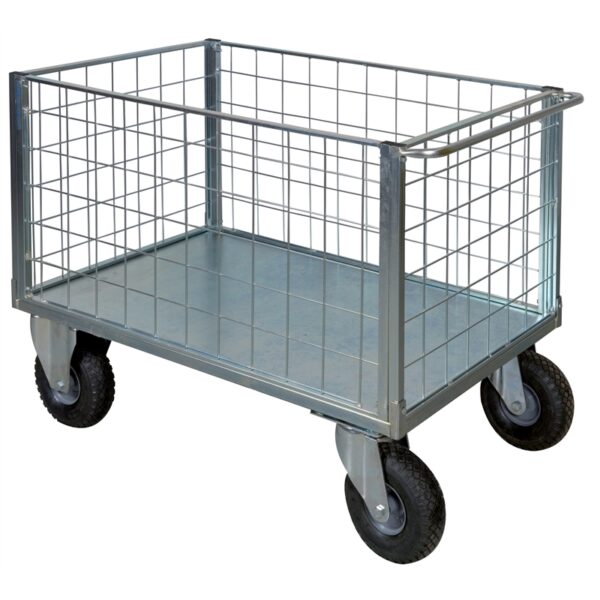 Carrello contenitore BIG verniciato con piano in lamiera e 4 sponde in rete